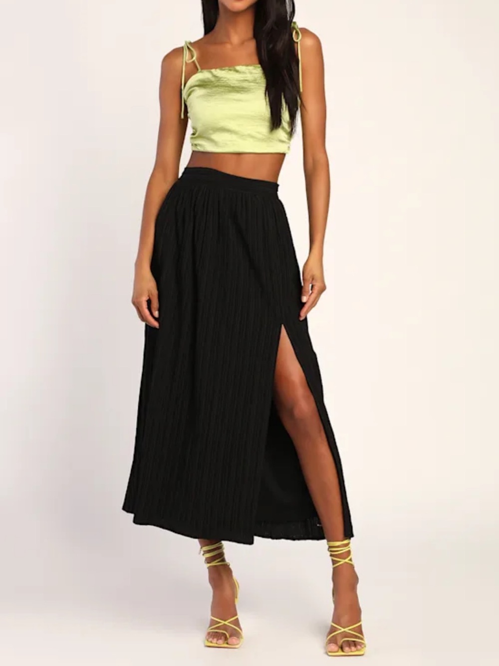 Lulus Midsummer Memories Black Mid-Rise Maxi Skirt Size Small Black Crinkled